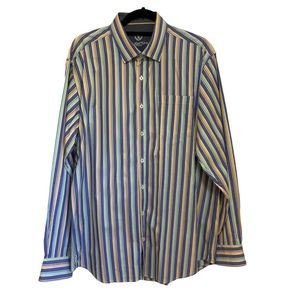 Bugatchi UOMO Blue Yellow Striped Men's Button Down Shirt sz 2XL EUC